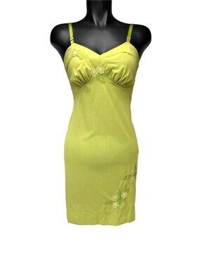 SHADOWLINE VTG Lime Green Floral Embroidered Fairy Nylon Slip Dress sz 32 US S/M